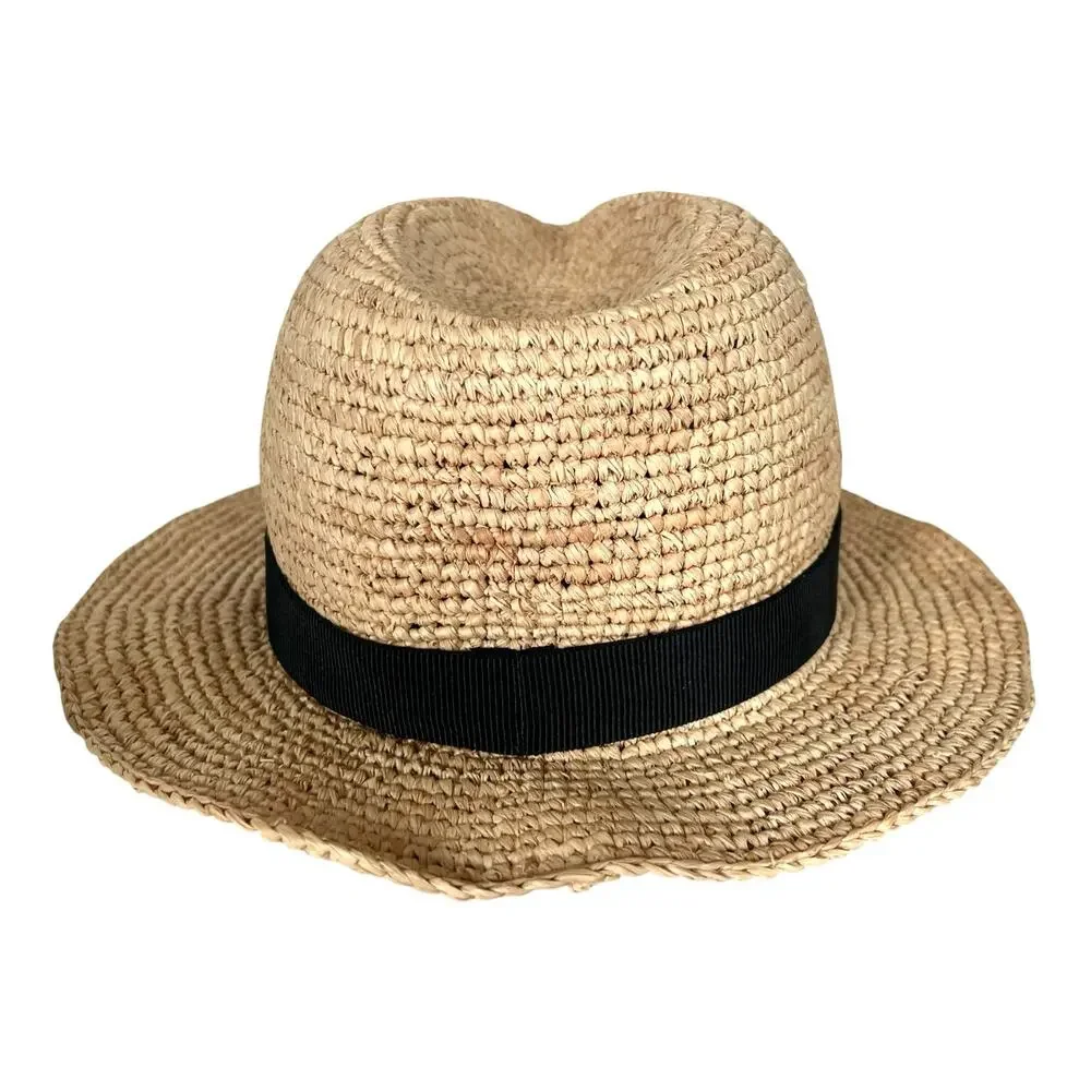 J Crew Womens Packable Straw Fedora Natural Raffia Black Band Hat S/M